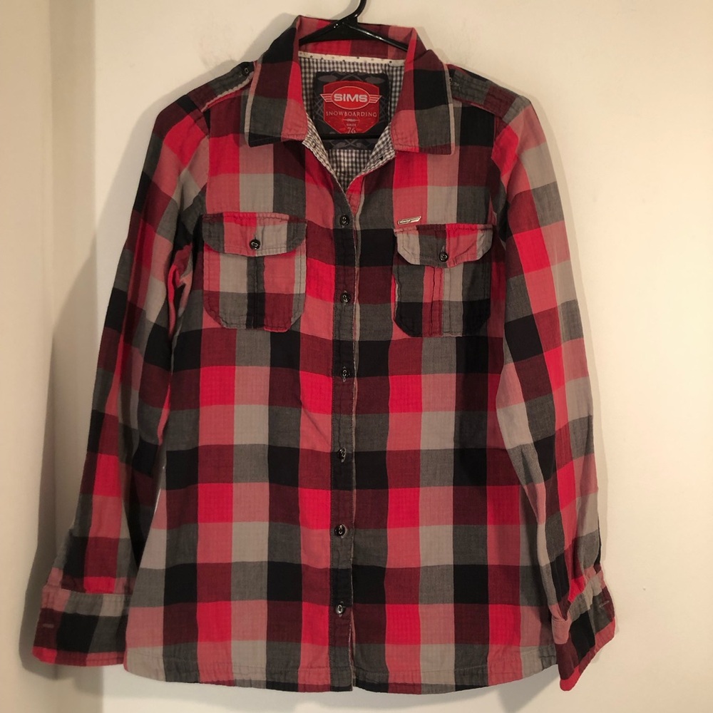 Sims Plaid  Long Sleeve Button Up Shirt Unisex Red Black Gray